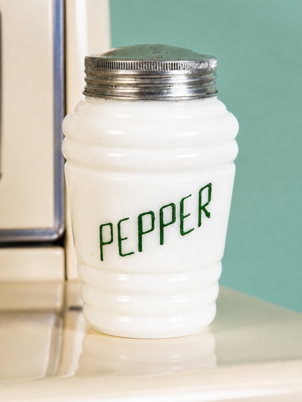 Vintage White Milk Glass Green Fired on PEPPER Aluminum Lid Range Shaker